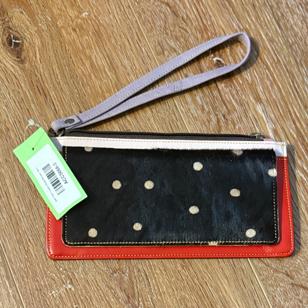 3/$20 Aria Boho Calf Hair Black and Red Polka Dot Wallet Wristlet